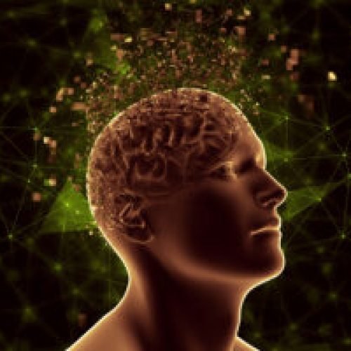3D male figure with pixelated brain depicting mental health problems