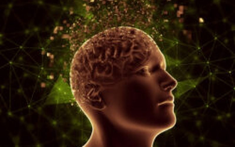 3D male figure with pixelated brain depicting mental health problems